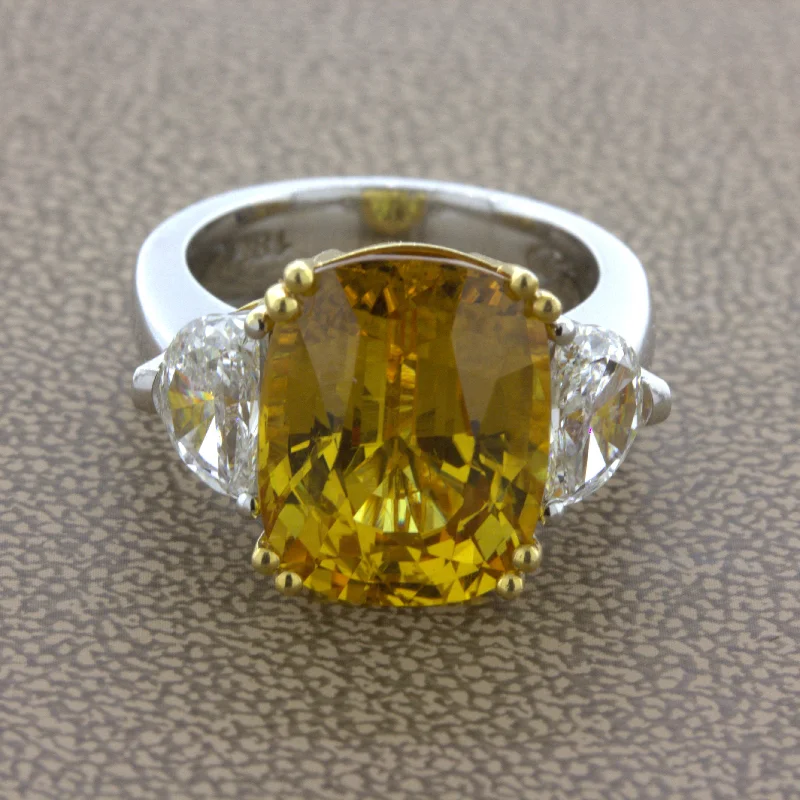 12.35 Carat Fancy Yellow Sapphire Diamond 18K White Gold 3-Stone Ring