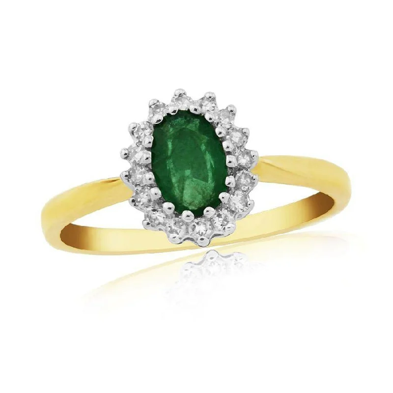 9ct Yellow Gold Oval Cut Emerald & Diamond Cluster Ring