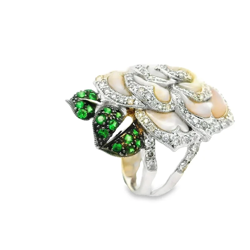 Mother-of-Pearl Diamond Tsavorite 18k White Gold Rose Flower Ring