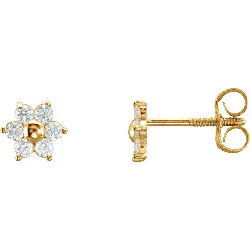 14k Yellow Gold 1.5 mm Round Cubic Zirconia Youth Floral-Inspired Stud Earring for Women