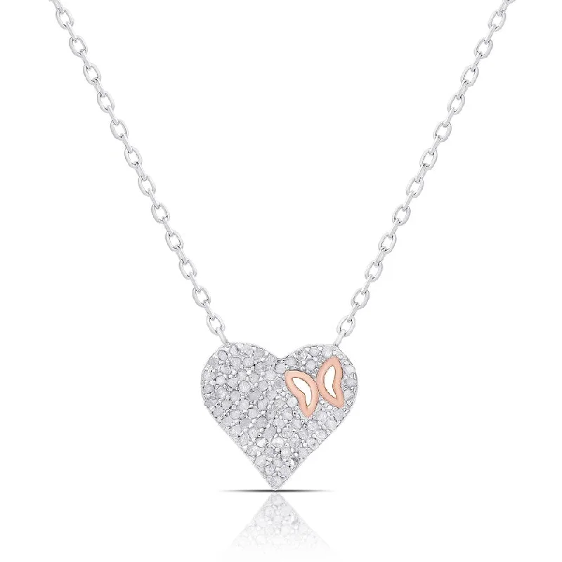 Finesque Sterling Silver 1/2ct TW Diamond Heart and Butterfly Necklace