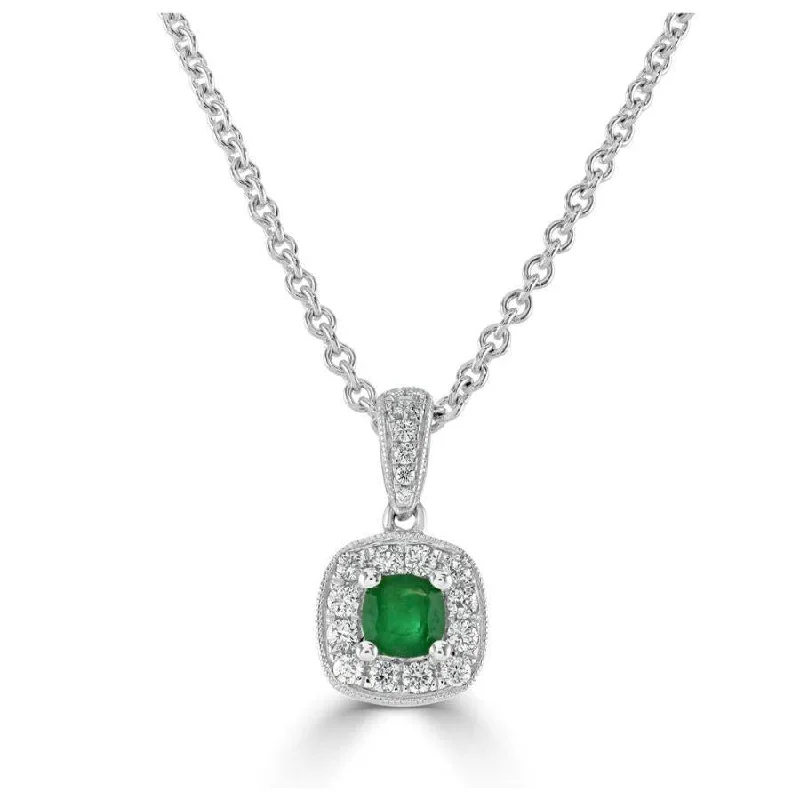 18ct White Gold Round Cut Emerald & Diamond Cushion Shaped Cluster Pendant