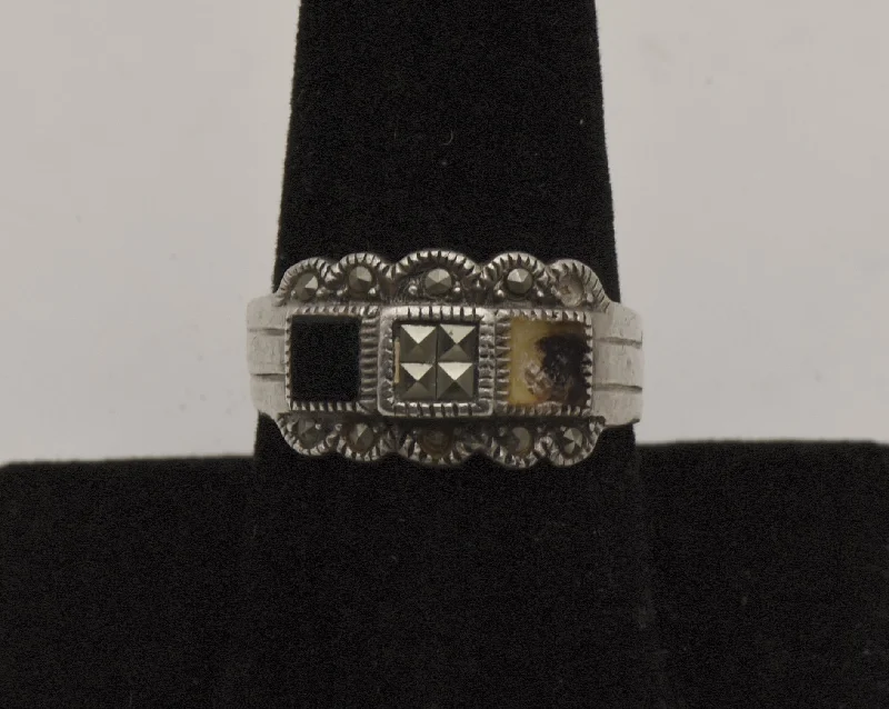 Vintage Art Deco Sterling Silver Black Onyx and Marcasite Ring - Size 8.5 - MISSING STONE