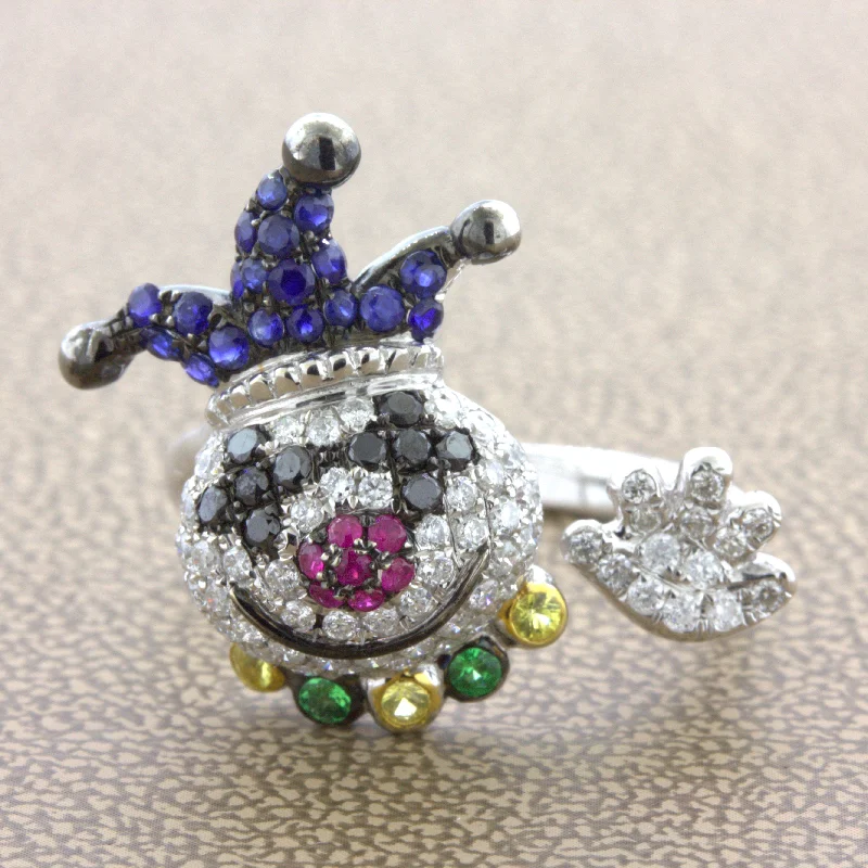 Diamond Sapphire Ruby 18K White Gold Clown Ring