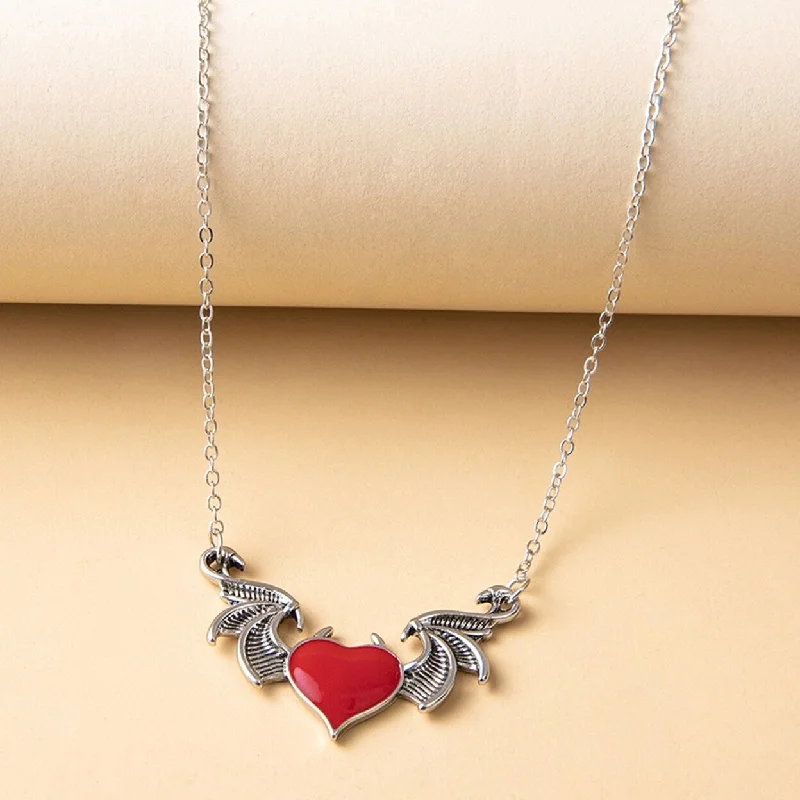 Women Necklace Gothic Punk Hip Hop Retro Gift Jewelry Accessories Love Heart Demon Wing Pendant Ladies Necklace For - no