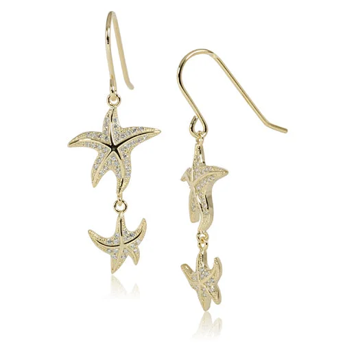 Yellow Gold Plated Sterling Silver Double Starfish Pave CZ Hook Earring