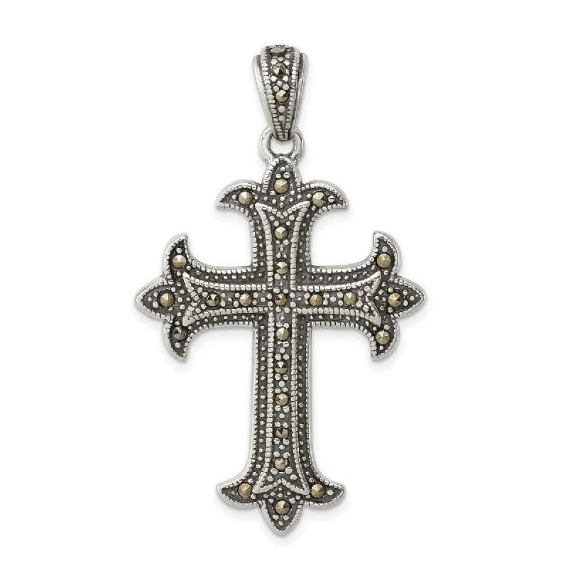 Curata 925 Sterling Silver Solid Open back Antique finish Marcasite Religious Faith Cross Pendant Necklace Jewelry Gifts for Wom