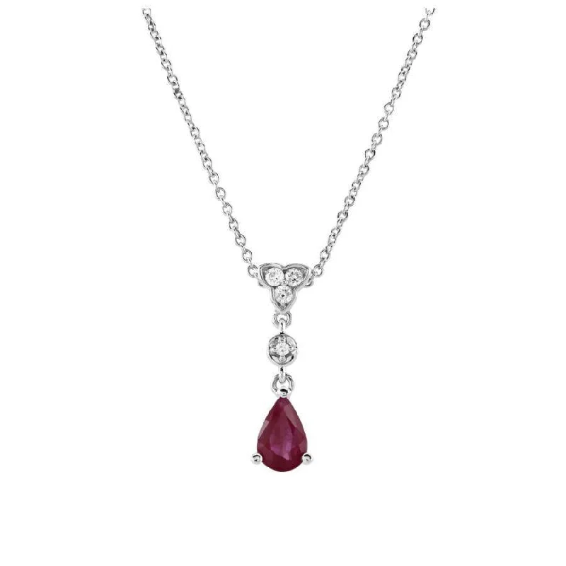 18ct White Gold Pear Cut Ruby & Diamond Drop Pendant & Chain