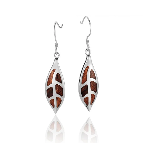 Sterling Silver Maile Leaf Koa Wood Inlaid Hook Earring