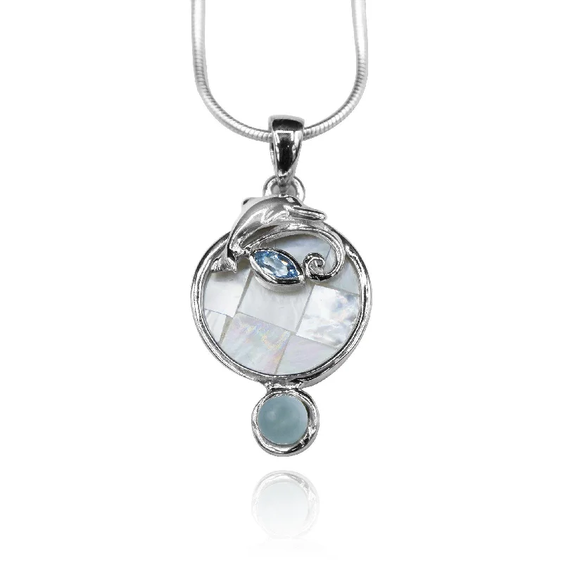 Dolphin Pendant Necklace with Blue Topaz, Mother of Pearl Mosaic and Larimar Stone