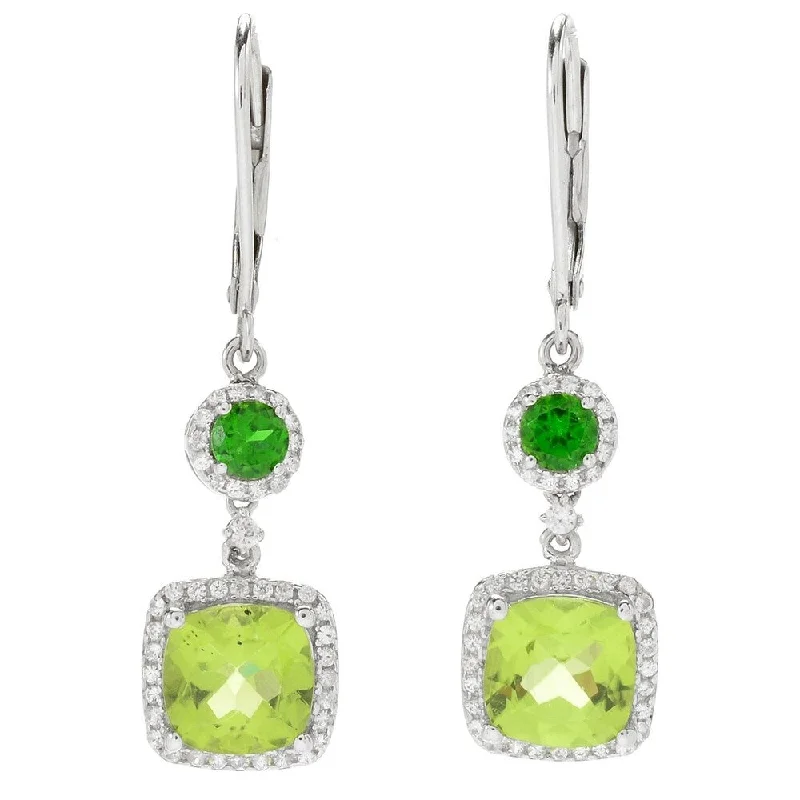 Sterling Silver Two Tone Cushion Cut Leaver Back Earring Chrome Diopside/Peridot