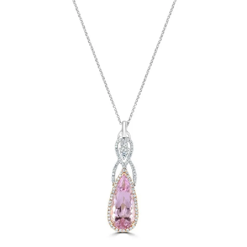 18ct White & Rose Gold Pear Shaped Pink Morganite & Diamond Drop Pendant & Chain