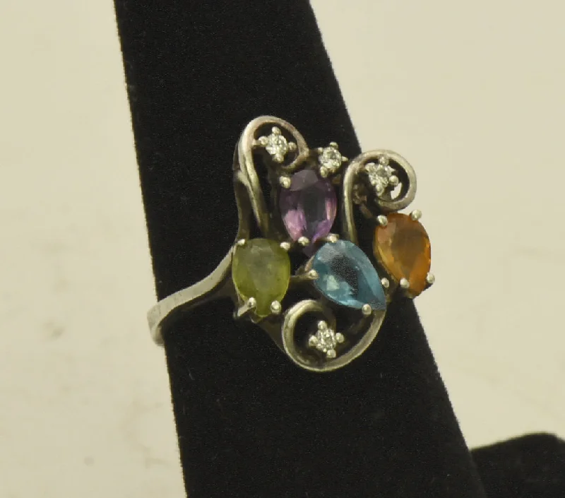 Vintage Sterling Silver Peridot, Blue Topaz, Citrine, Amethyst, CZ Ring - Size 6.5