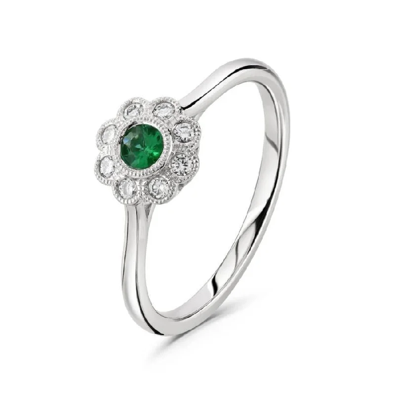 18ct White Gold Round Cut Emerald & Diamond Millegrain Edged Cluster Ring