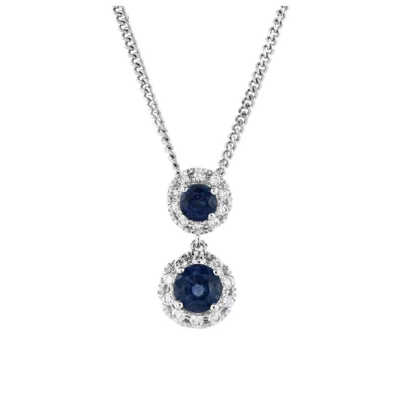 18ct White Gold Round Cut Sapphire & Diamond Halo Cluster Drop Pendant