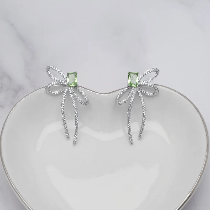 Victoria Townsend Silver Plated Green Emerald Cut and White Cubic Zirconia Side Large Bow Earring