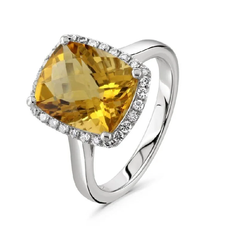 18ct White Gold Elongated Cushion Cut Citrine & Diamond Halo Cluster Ring