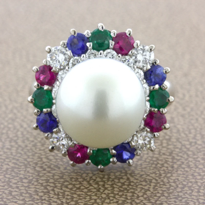 South Sea Pearl Diamond Ruby Sapphire Emerald Platinum Ring